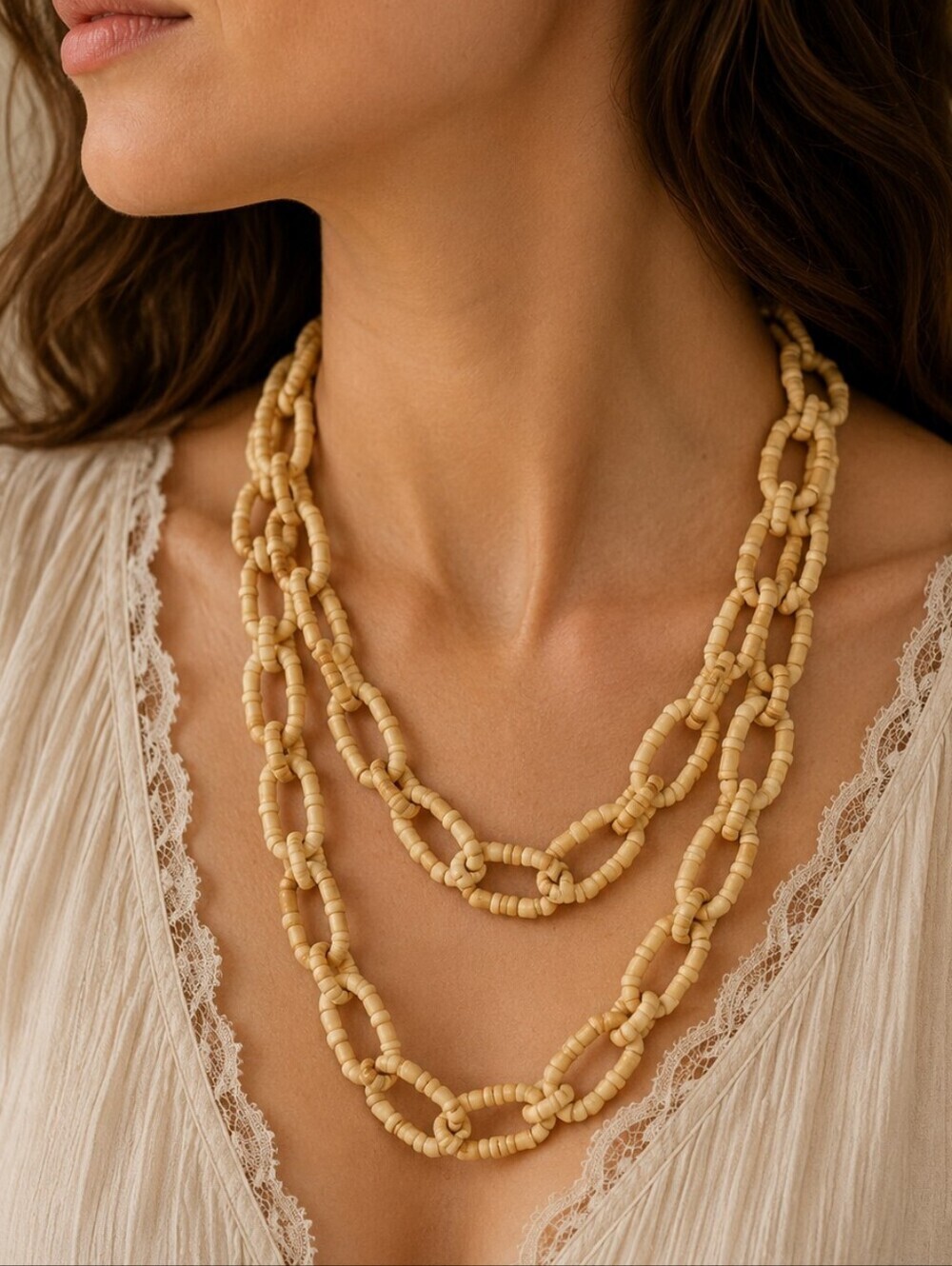 Chunky Horn Bead Oval Link Long Infinity Unisex Festival Necklace